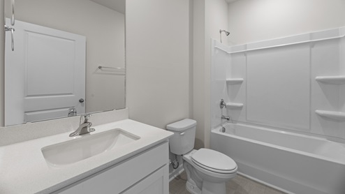 Bathroom with single bowl sink and revwood flooring