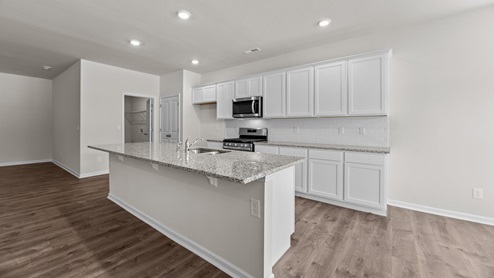 open floorplan kithcen with revwood flooring