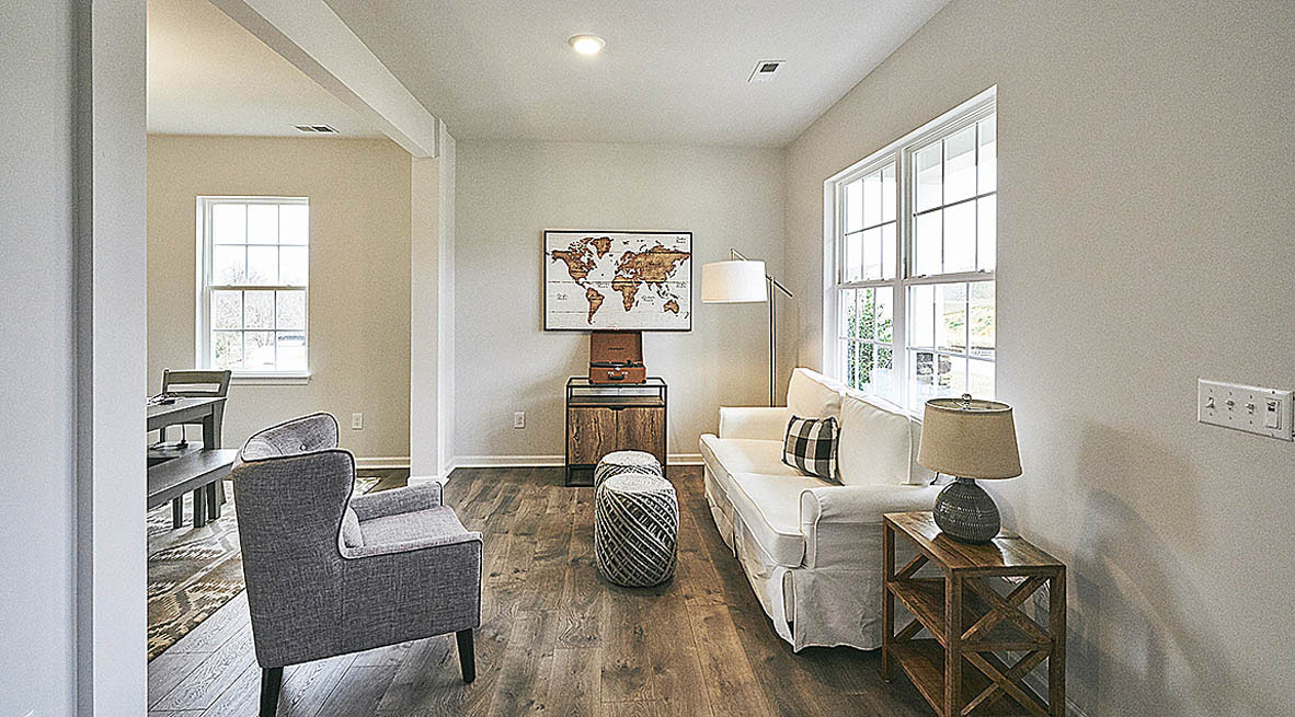 foyer with revwood floors and natural light