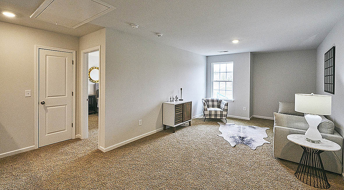 Loft with carpet and natural light