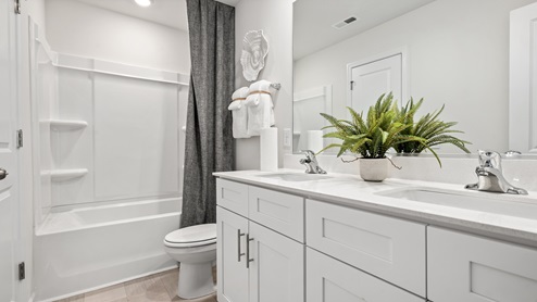 guest bathroom with tub shower combo and dual sinks