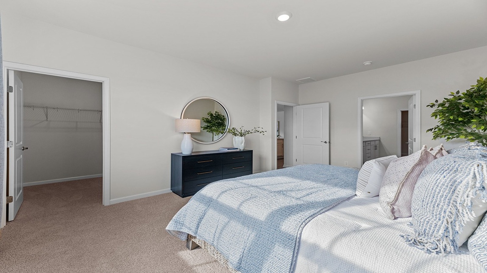 primary bedroom with double window and carpet flooring