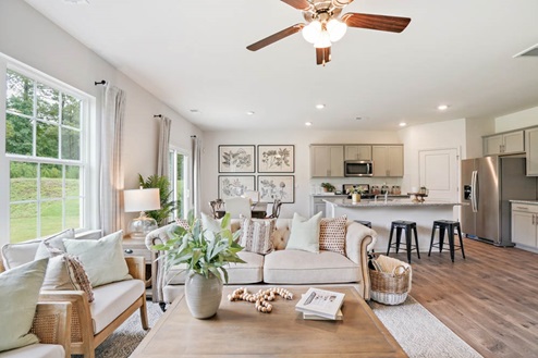 Living room with revwood floors