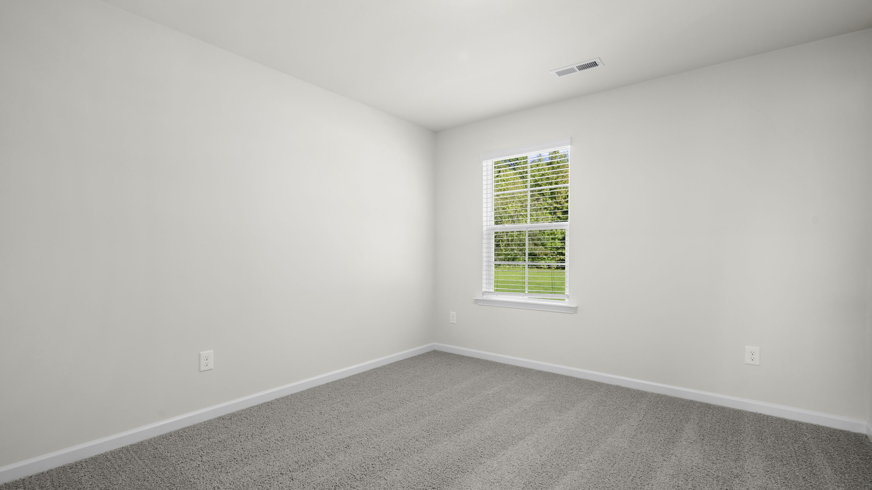 Neutral-toned interior space featuring light-colored wall paint, plush carpeting, and a double-hung window with exterior greenery