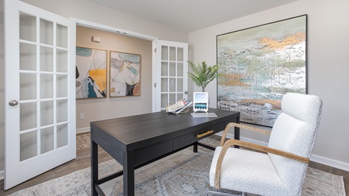Office with vinyl floors and French doors