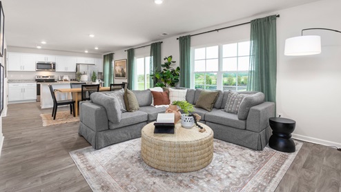Living area with vinyl flooring, plenty of light