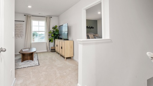 upstairs foyer with carpet and ample light