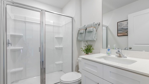 Bathroom down stairs with a walk in shower