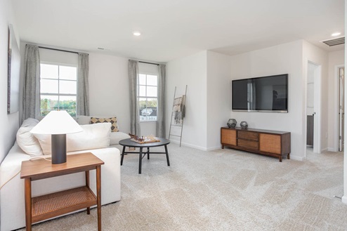 Loft with carpet and natural light