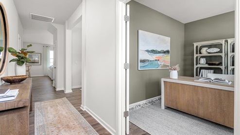Foyer with revwood flooring and open space