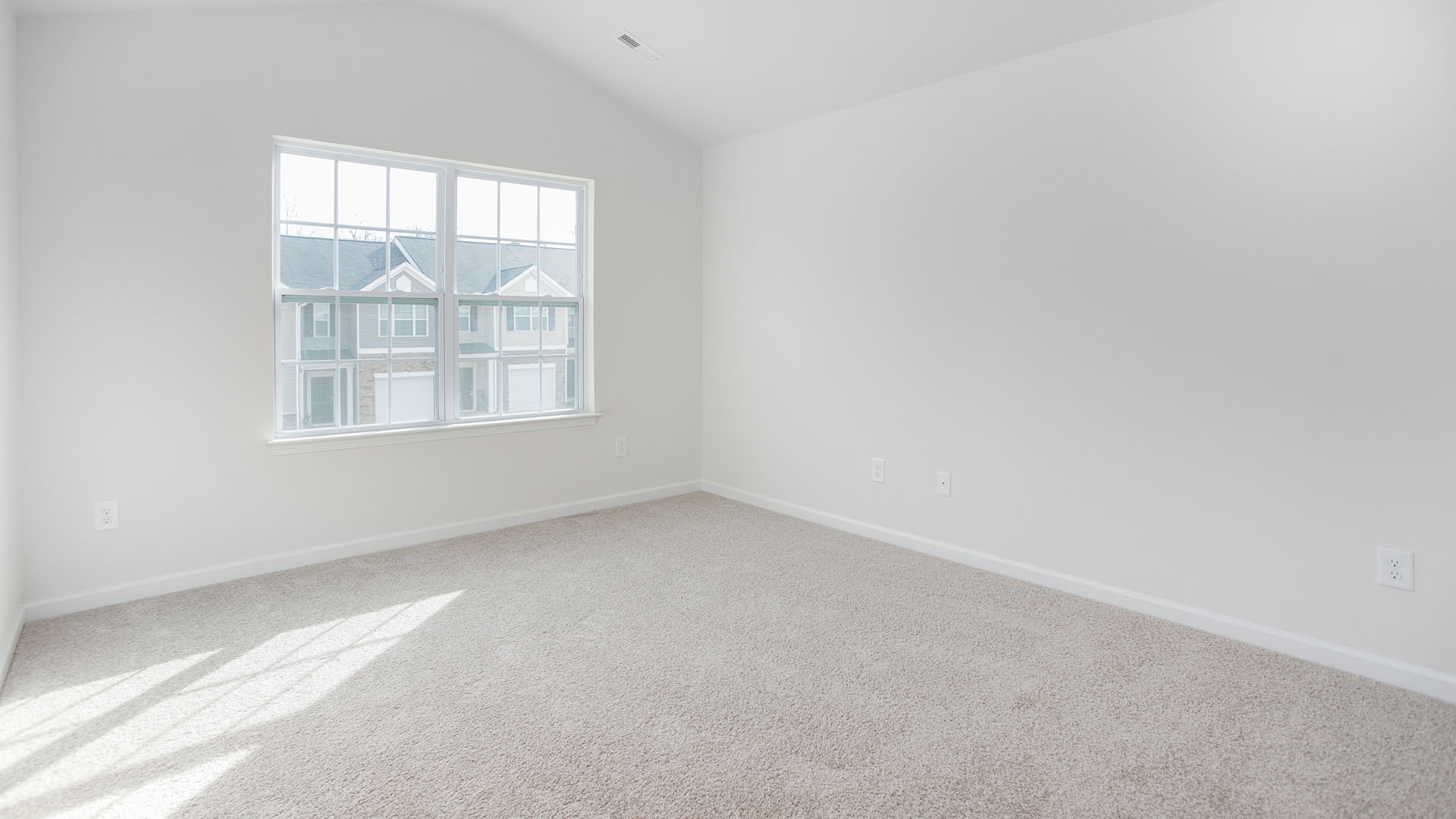 Vaulted ceilings, neutral carpeting, and multi-pane grid windows
