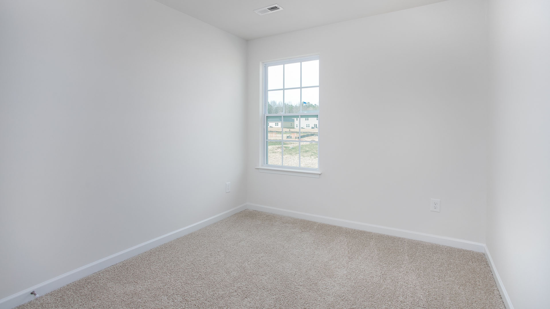Neutral-toned interior space featuring light-colored wall paint, plush carpeting, and a multi-pane window with exterior exposure