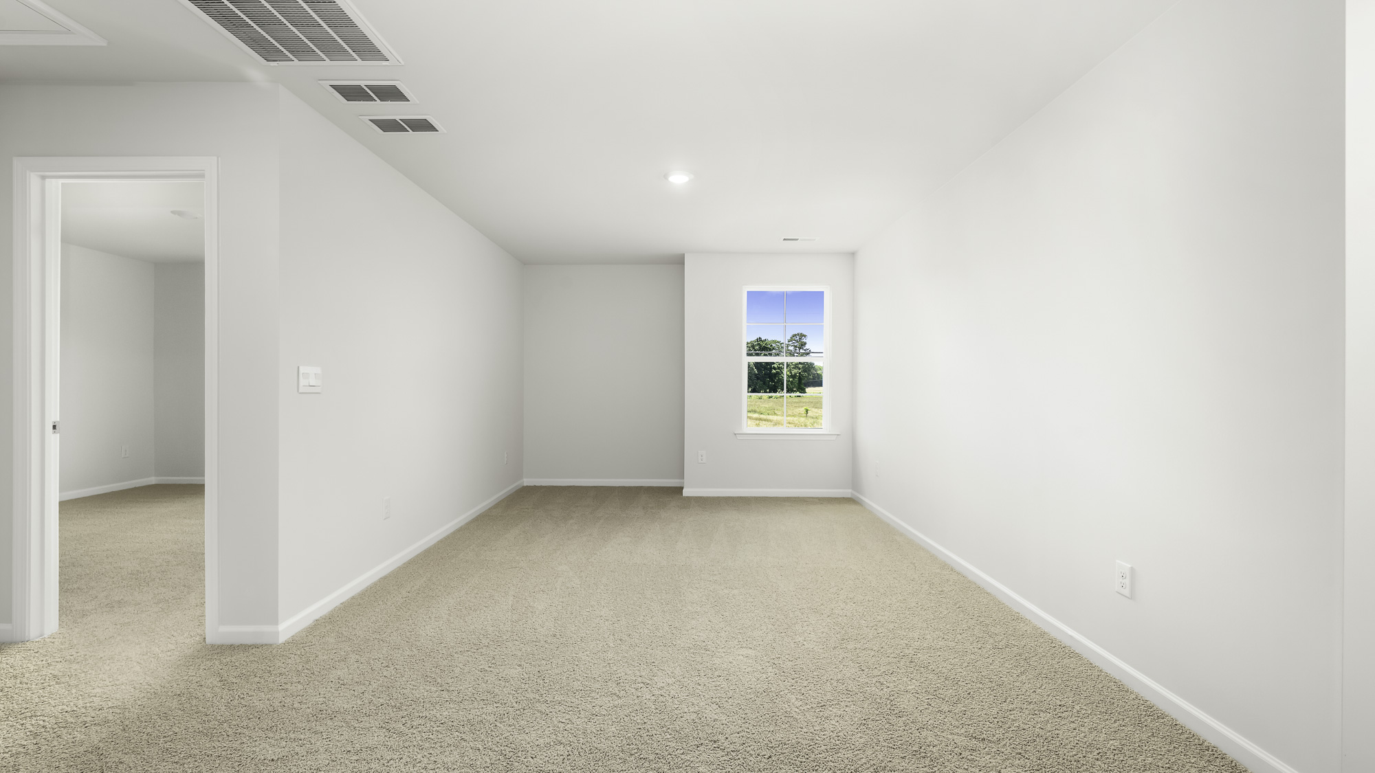 Neutral interior featuring wall-to-wall carpeting and a single-hung window