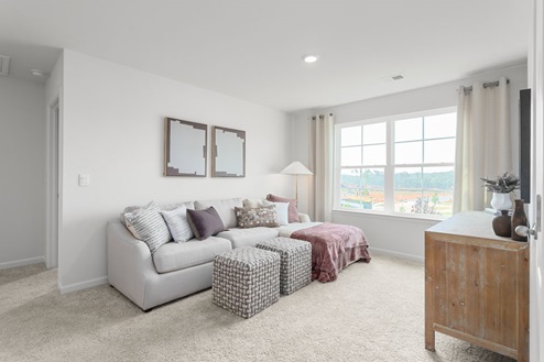 Loft with carpet and natural light