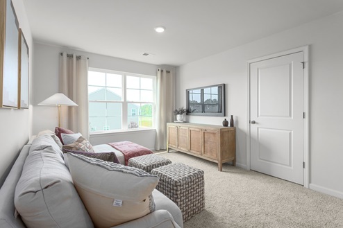 Loft with carpet and natural light