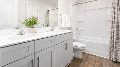 bathroom with double vanity and bathtub