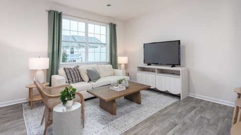 Living room with vinyl flooring, ample light and open floorplan