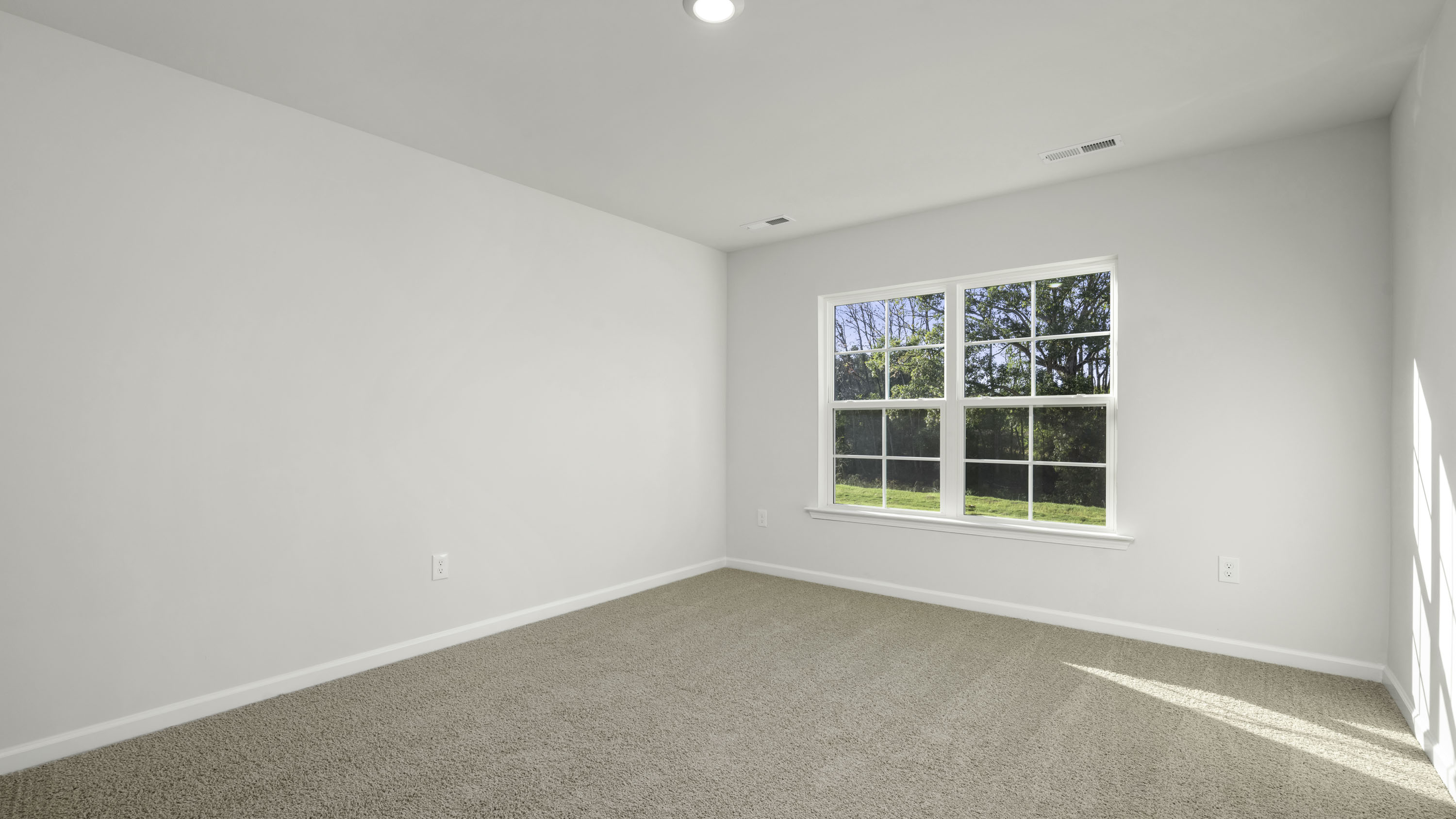 Neutral-toned interior room featuring wall-to-wall carpeting, recessed ceiling lighting, and a multi-pane window with exterior greenery