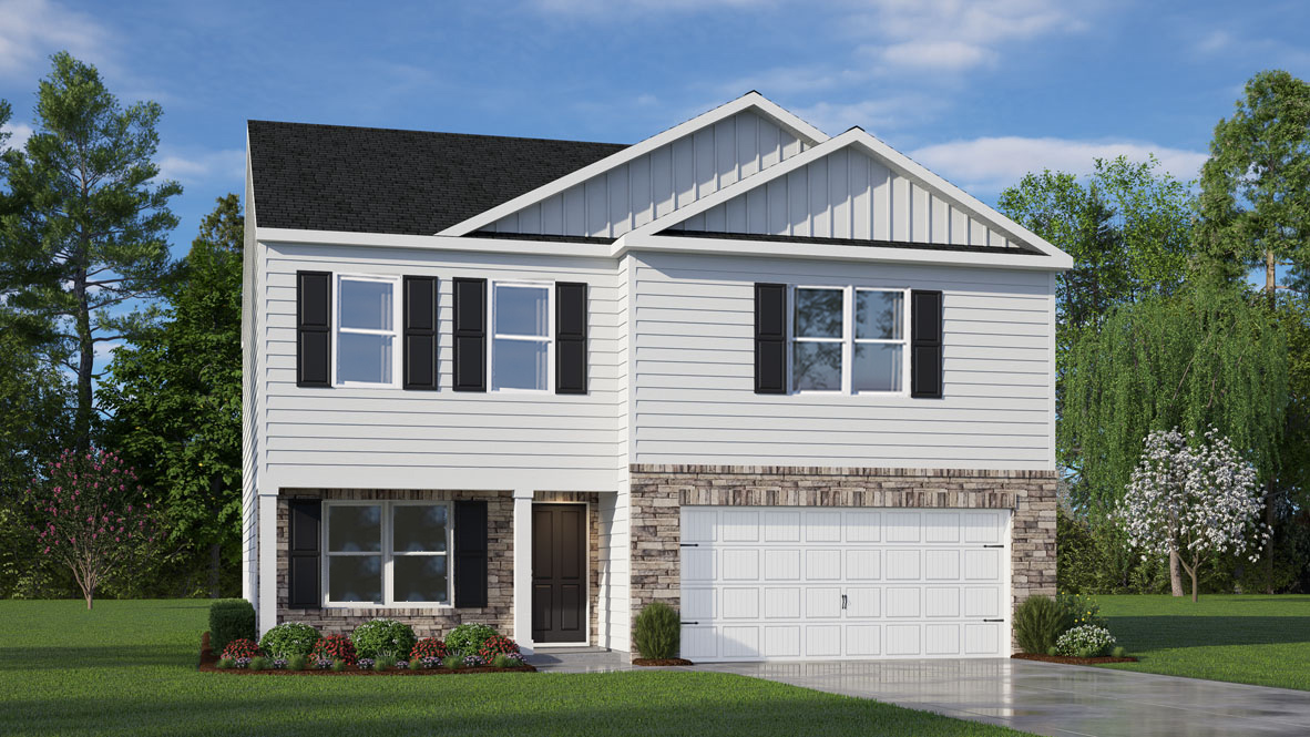 exterior view of 2 story 2 car garage penwell with stone features