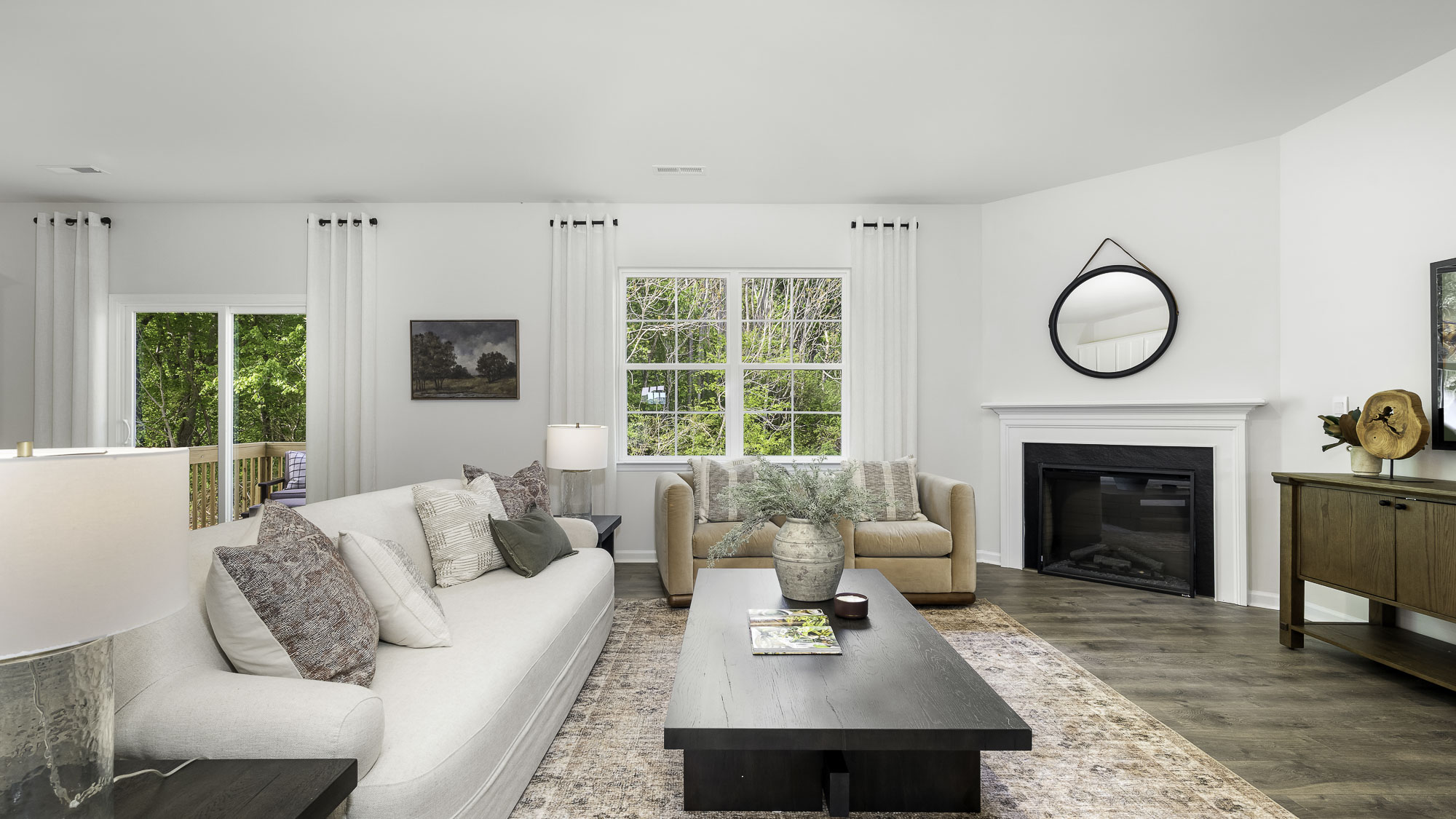 living room with revwood flooring