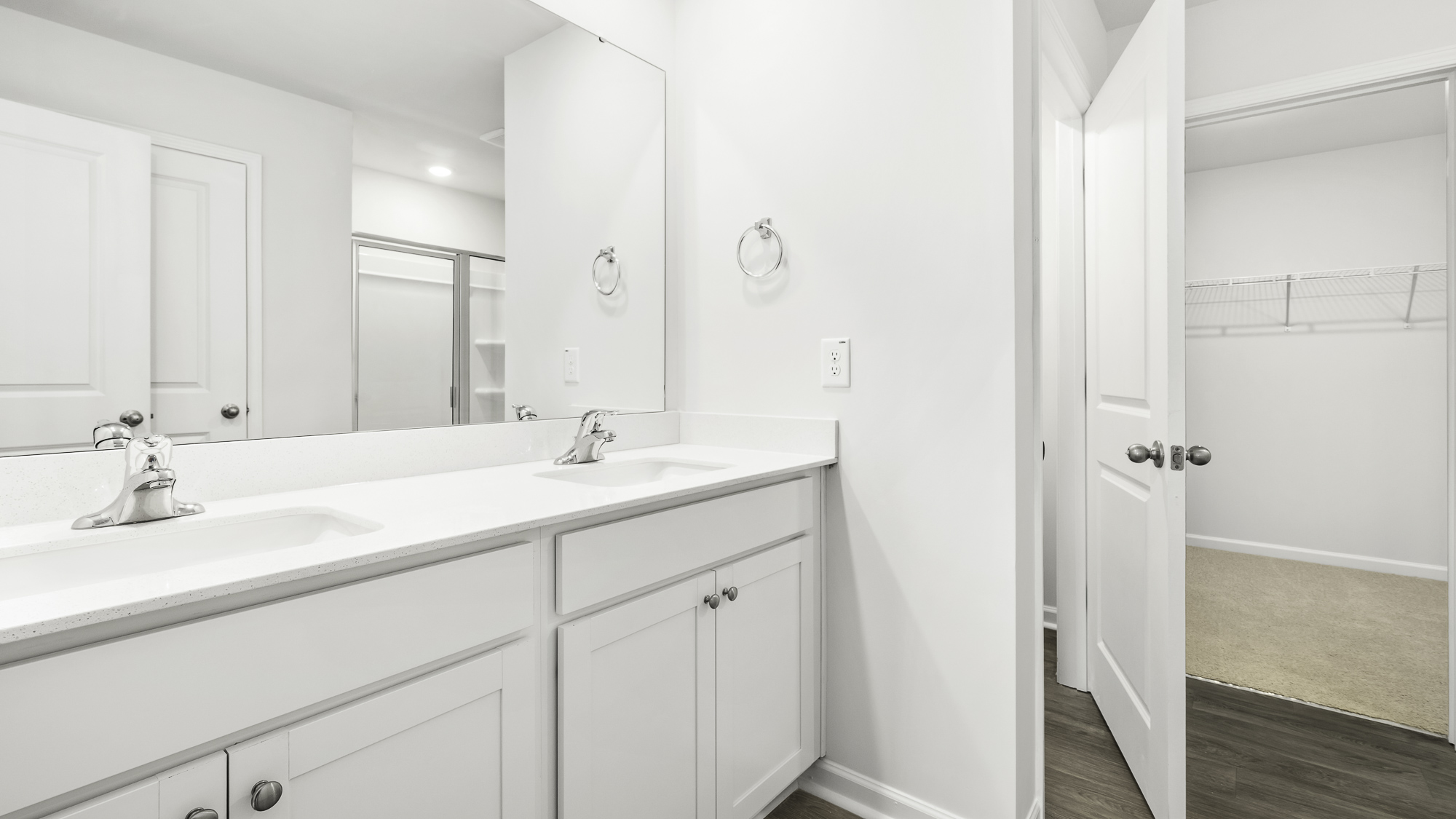 main bathroom with walk in closet and dual sink