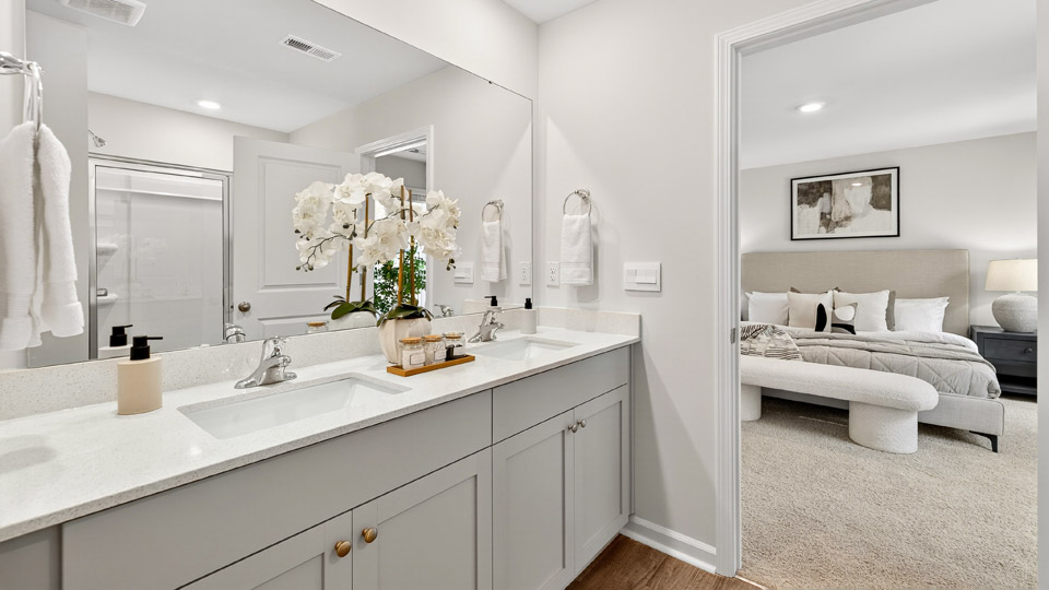 bathroom with quartz countertops and gray cabinets and dual vanity