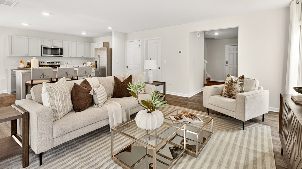 living room with revwood flooring