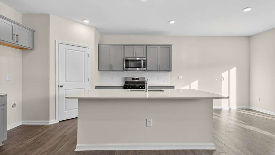 kitchen with gray cabinets, quartz countertops and stainless steel appliances