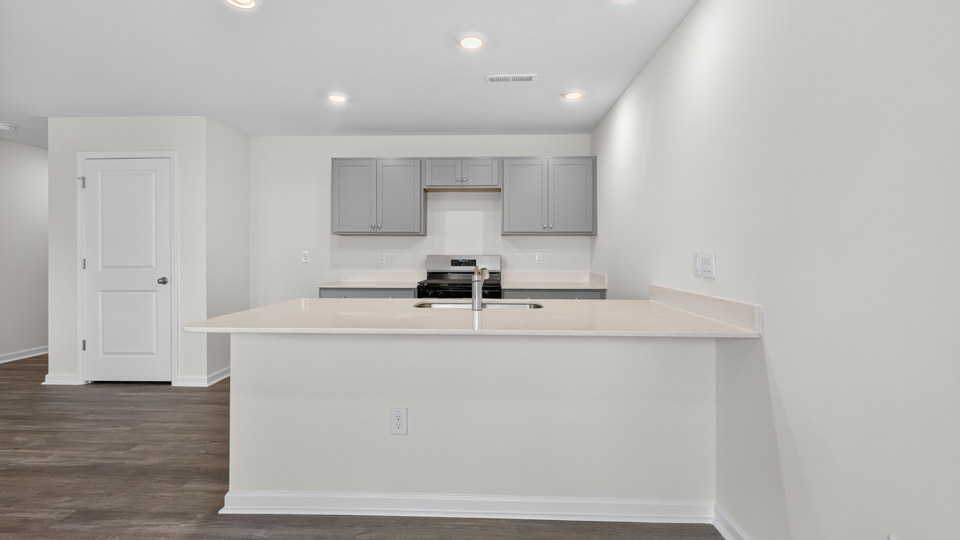 kitchen with gray cabinets and quartz countertops