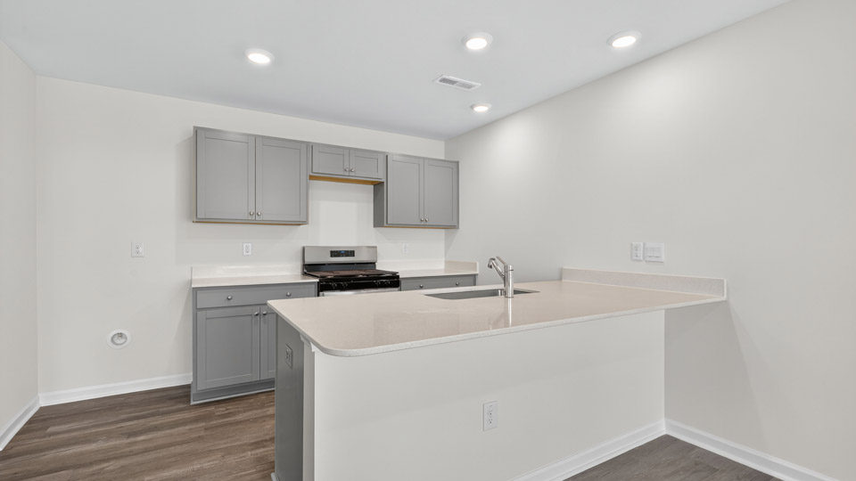 kitchen with gray cabinets and quartz countertops