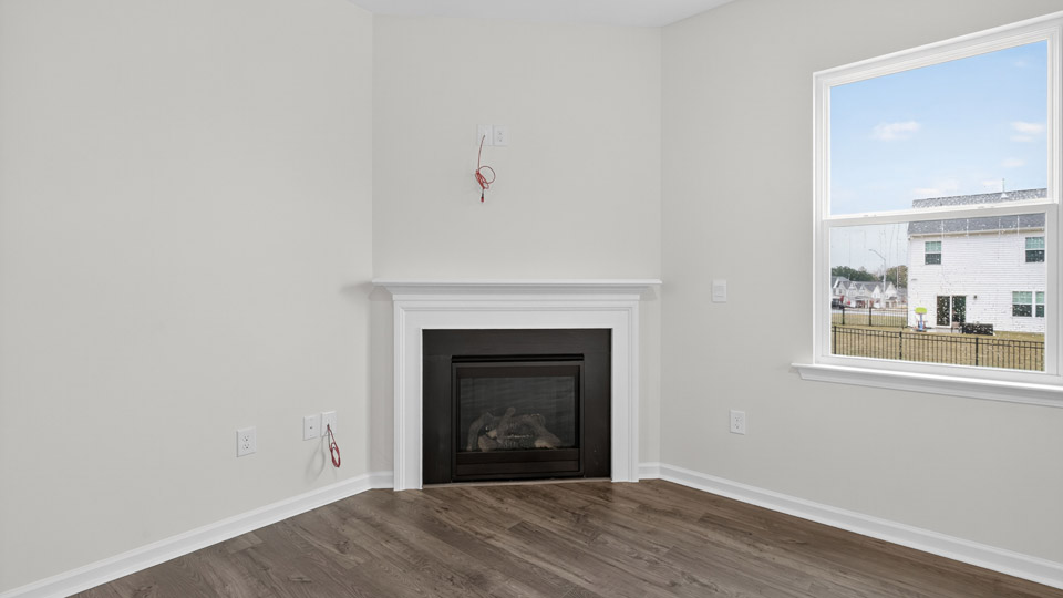 living room with corner fireplace and revwood flooring
