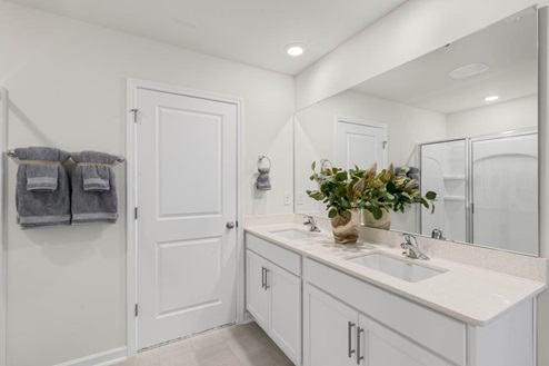Bathroom with quartz countertops and walk in shower