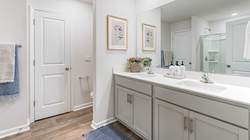 Bathroom with quartz countertops and walk in shower