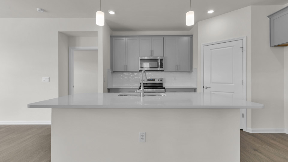 kitchen with gray cabinets and quartz countertops