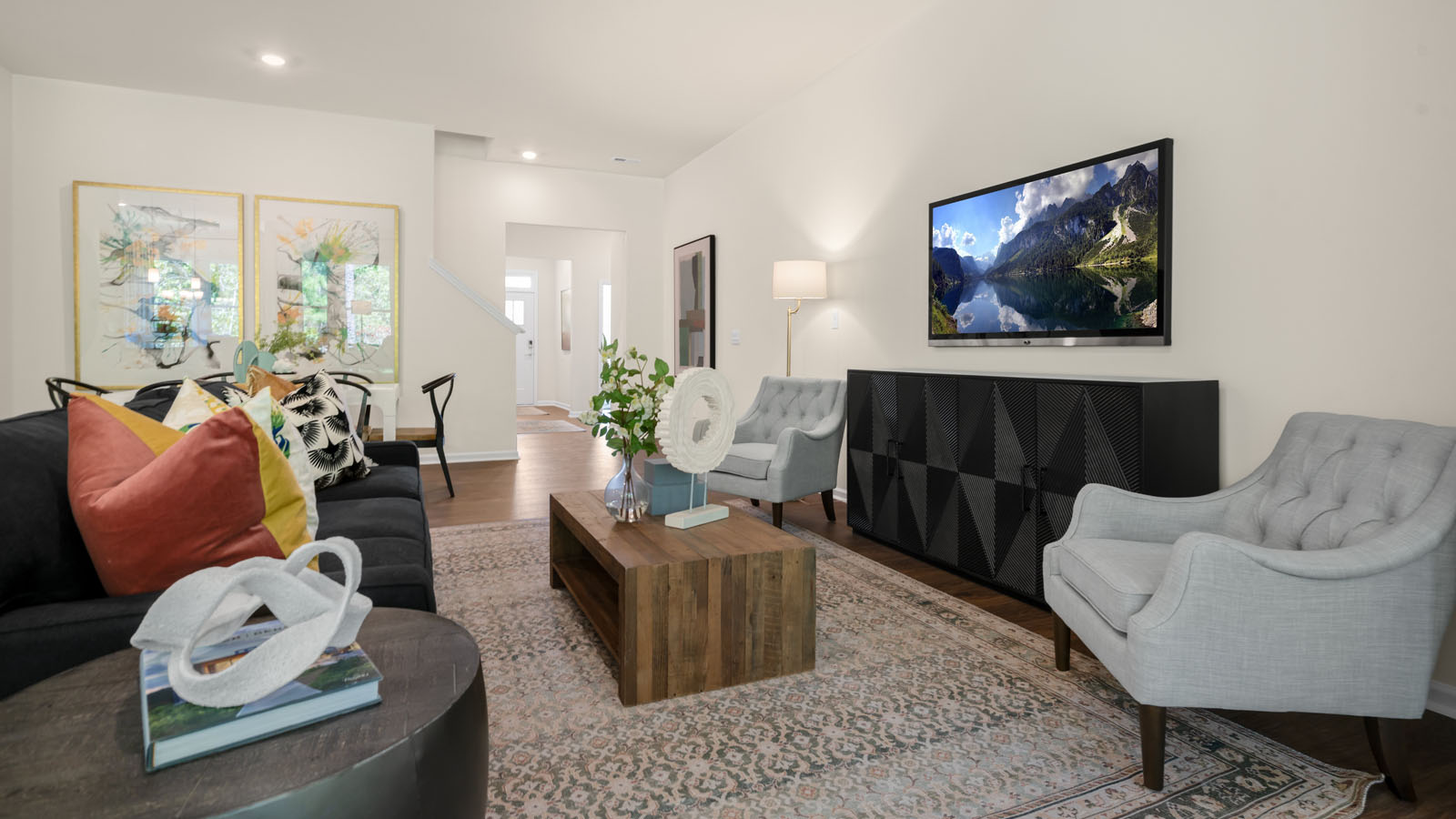 living room with revwood flooring