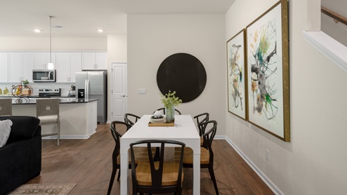 Dining area with revwood flooring