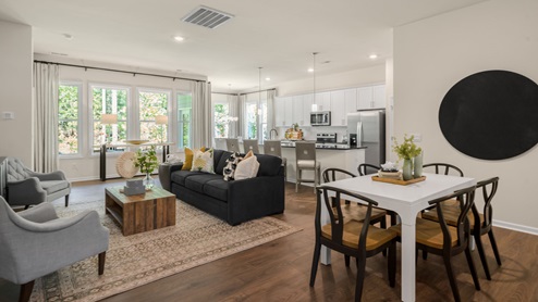 Dining area with revwood flooring
