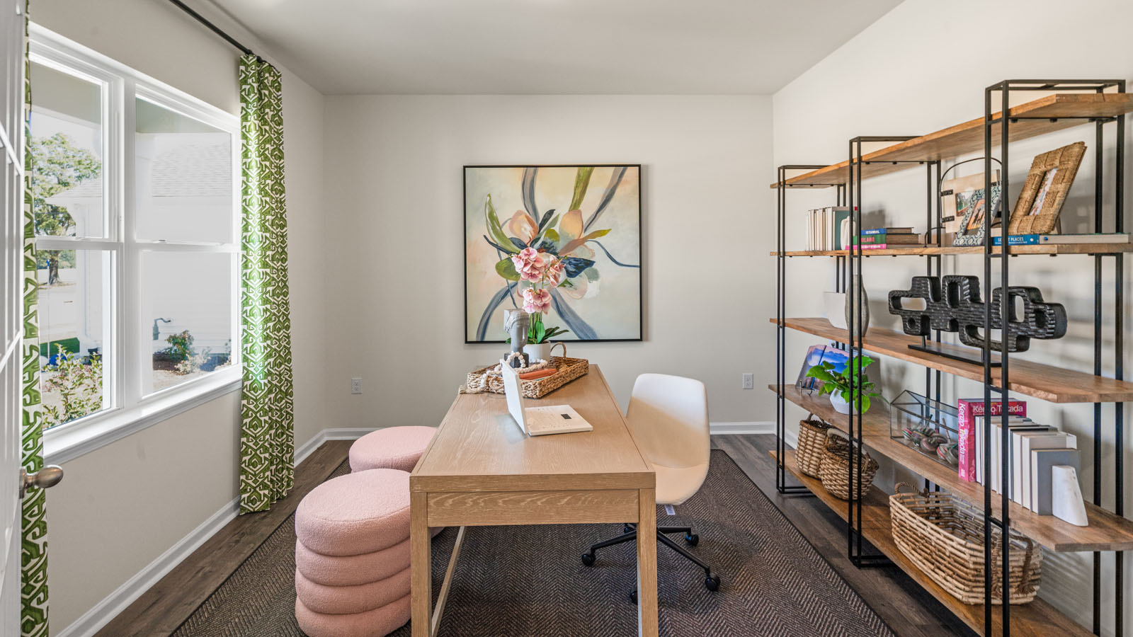 study with ample lighting and revwood flooring and french doors