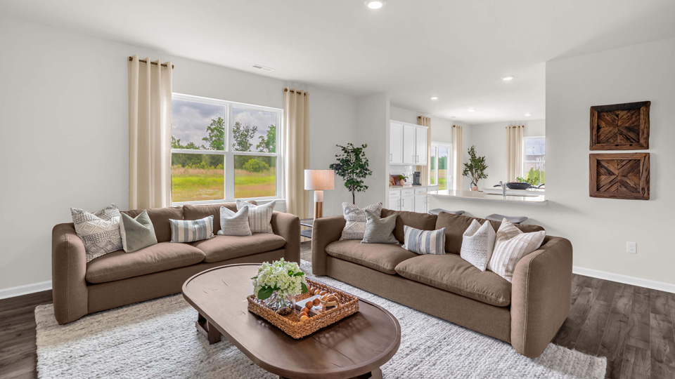 living room with revwood flooring