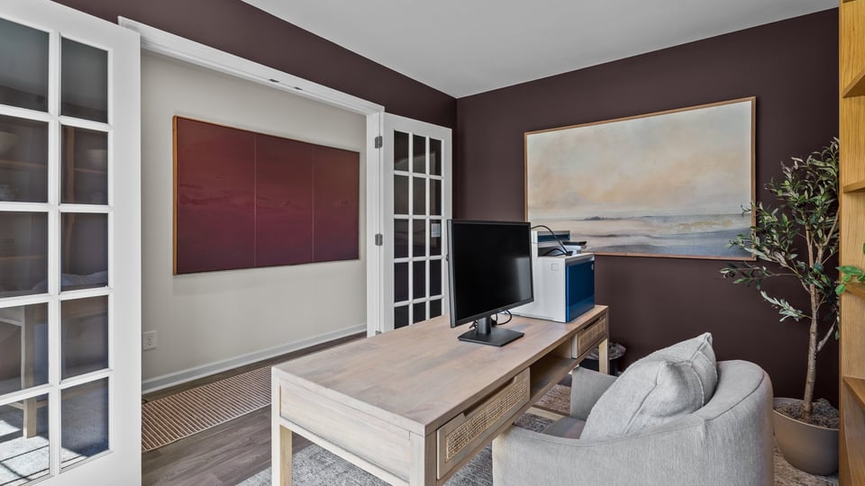 study with french doors and revwood flooring