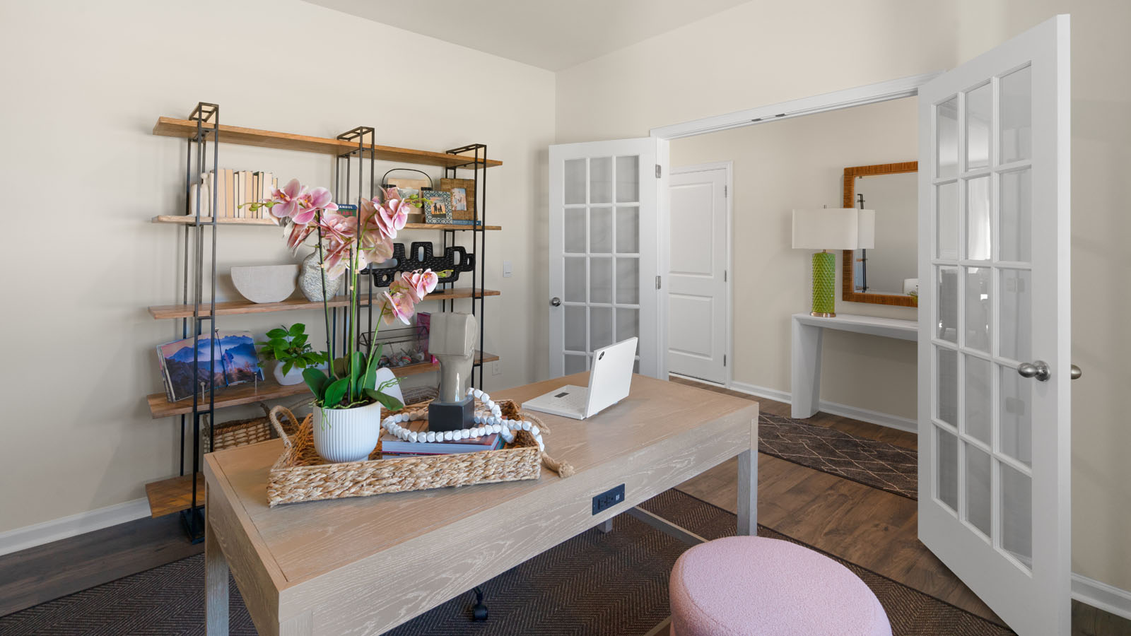 study with revwood flooring and french doors