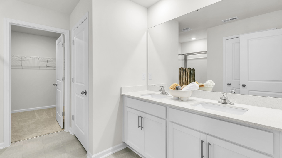 bathroom with white cabinets and quartz countertops and walk-in closet
