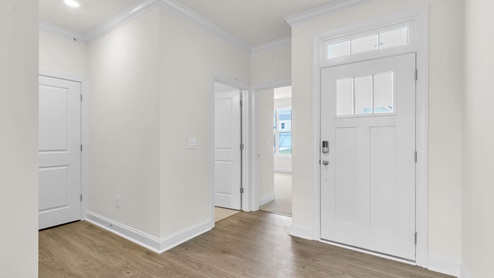 foyer entryway with revwood flooring