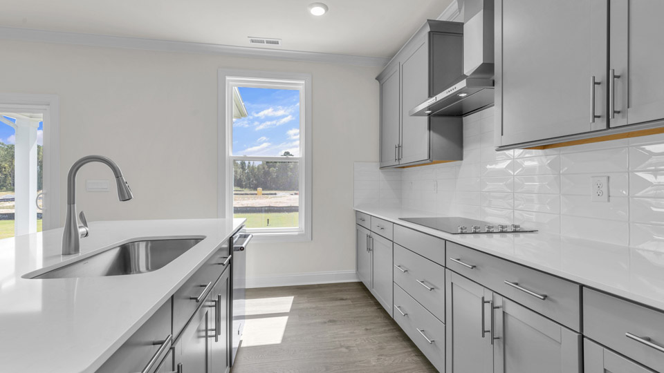 kitchen with gray cabinets and quartz countertops
