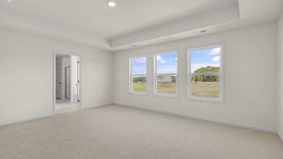 bedroom with tray ceiling and carpet flooring