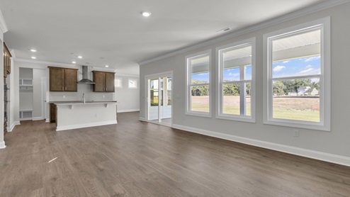 living room with revwood flooring