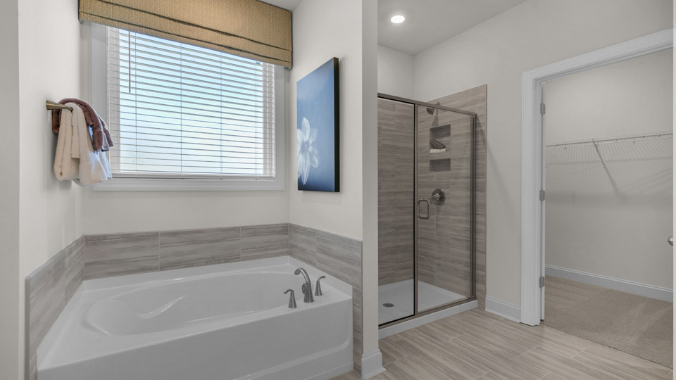 primary bathroom with walk in shower and tub