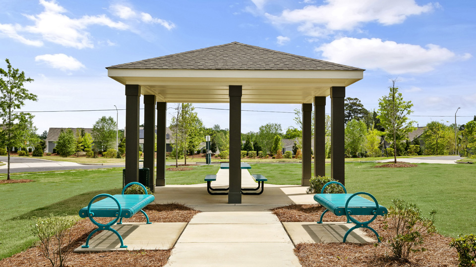 covered pavilion with bench seating
