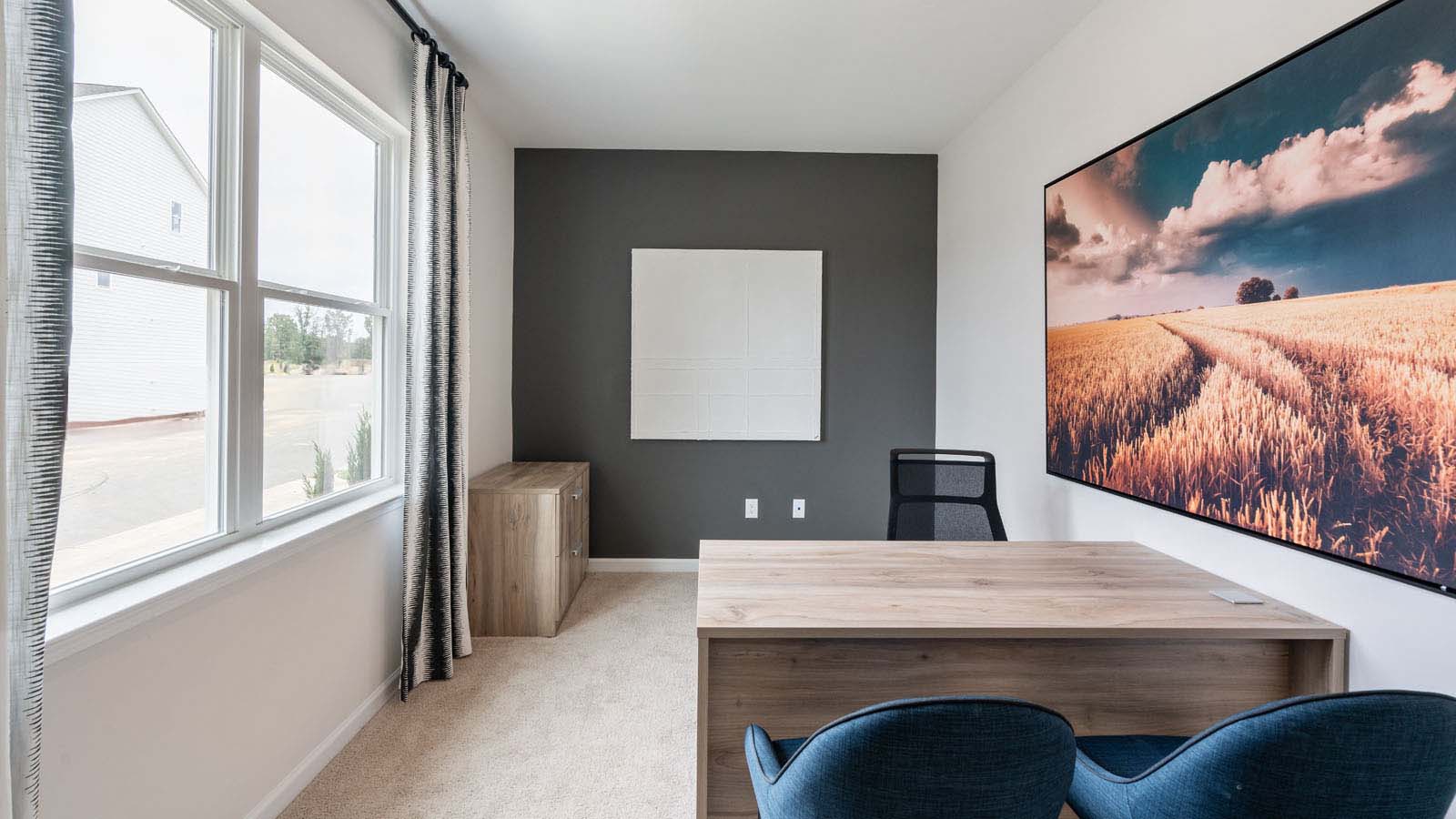 Study with ample lighting and carpet flooring