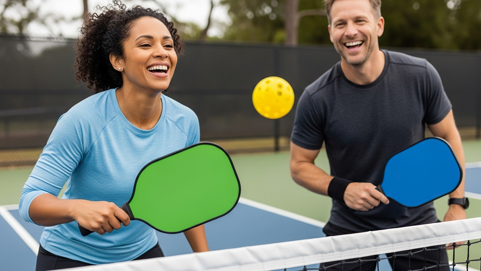happy adult friends playing pickleball
